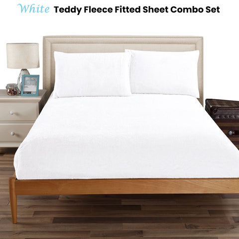 Ramesses Teddy Fleece Fitted Sheet Combo Set White Double - Soft, Easy Care - SuperSaverAU - view 1