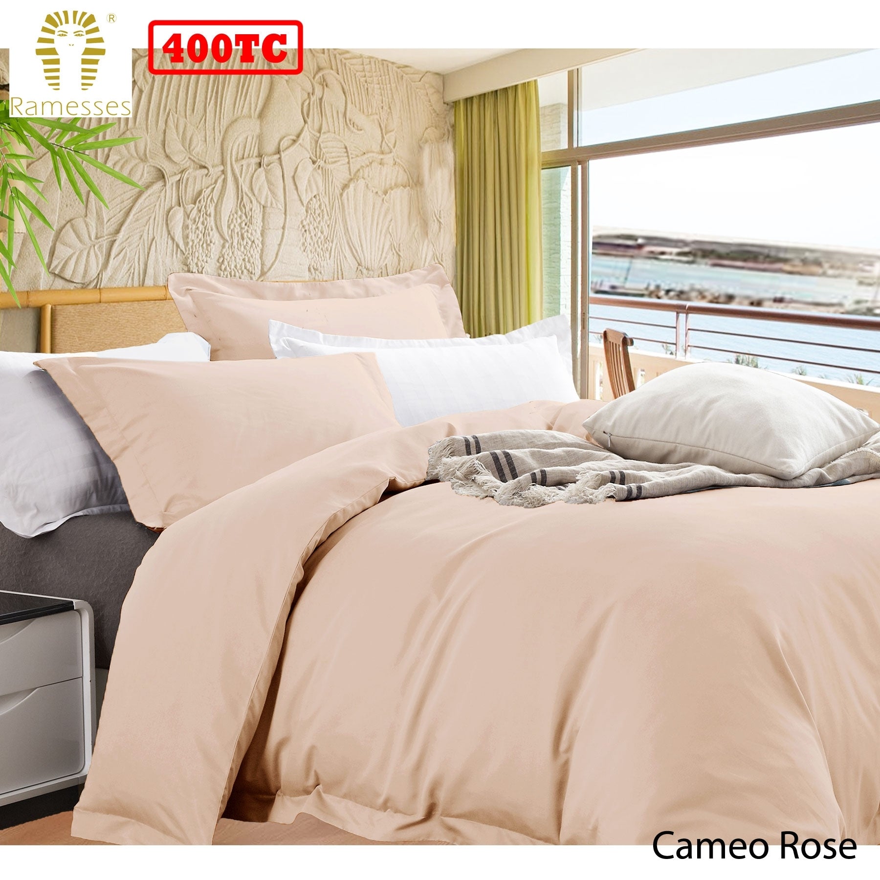Ramesses Bamboo Cotton Quilt Cover Set Cameo Rose Queen - 400TC, Solid Colour Design - SuperSaverAU - view 1
