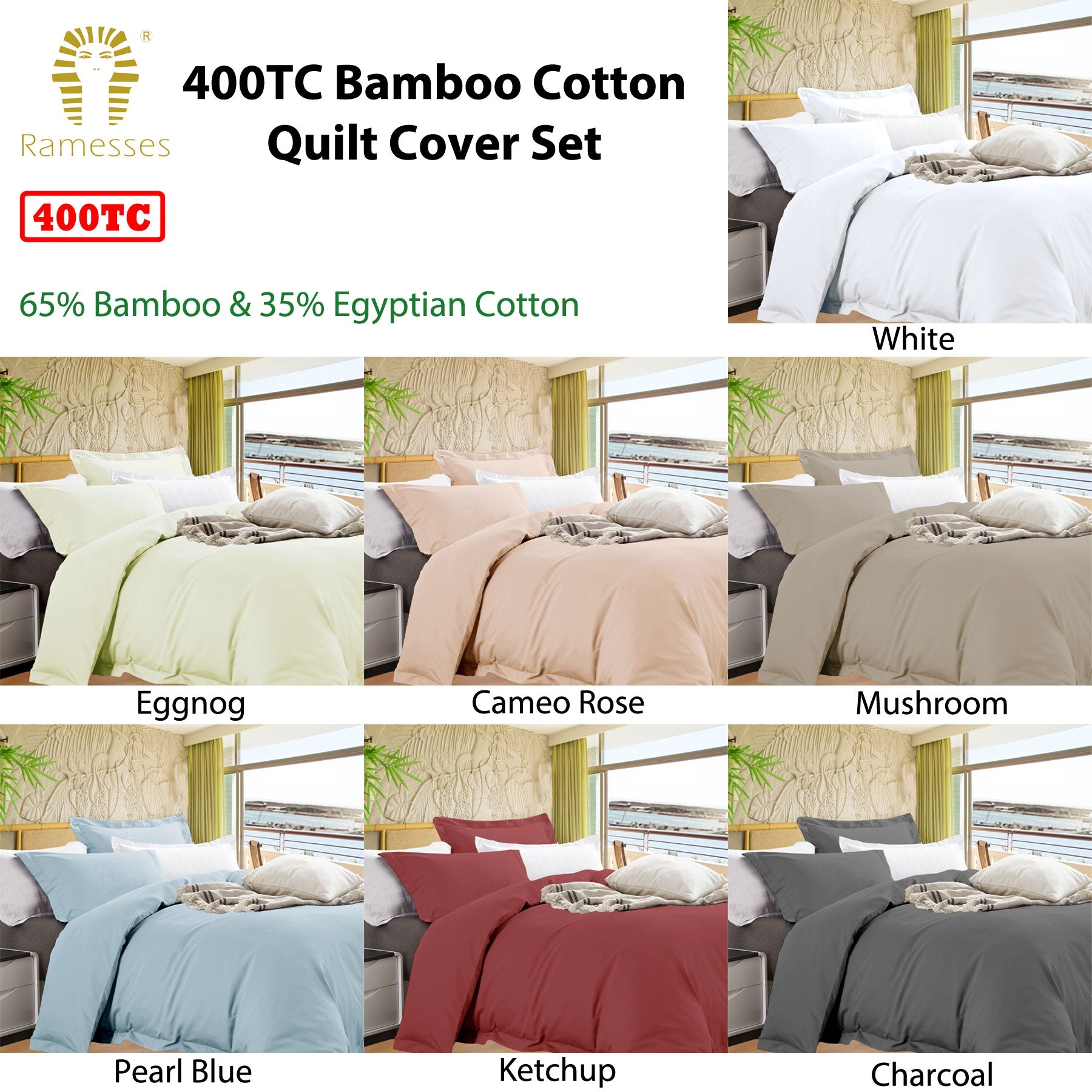 Ramesses Bamboo Cotton Quilt Cover Set Charcoal Queen - 400TC, Solid Colour Design - SuperSaverAU - view 2