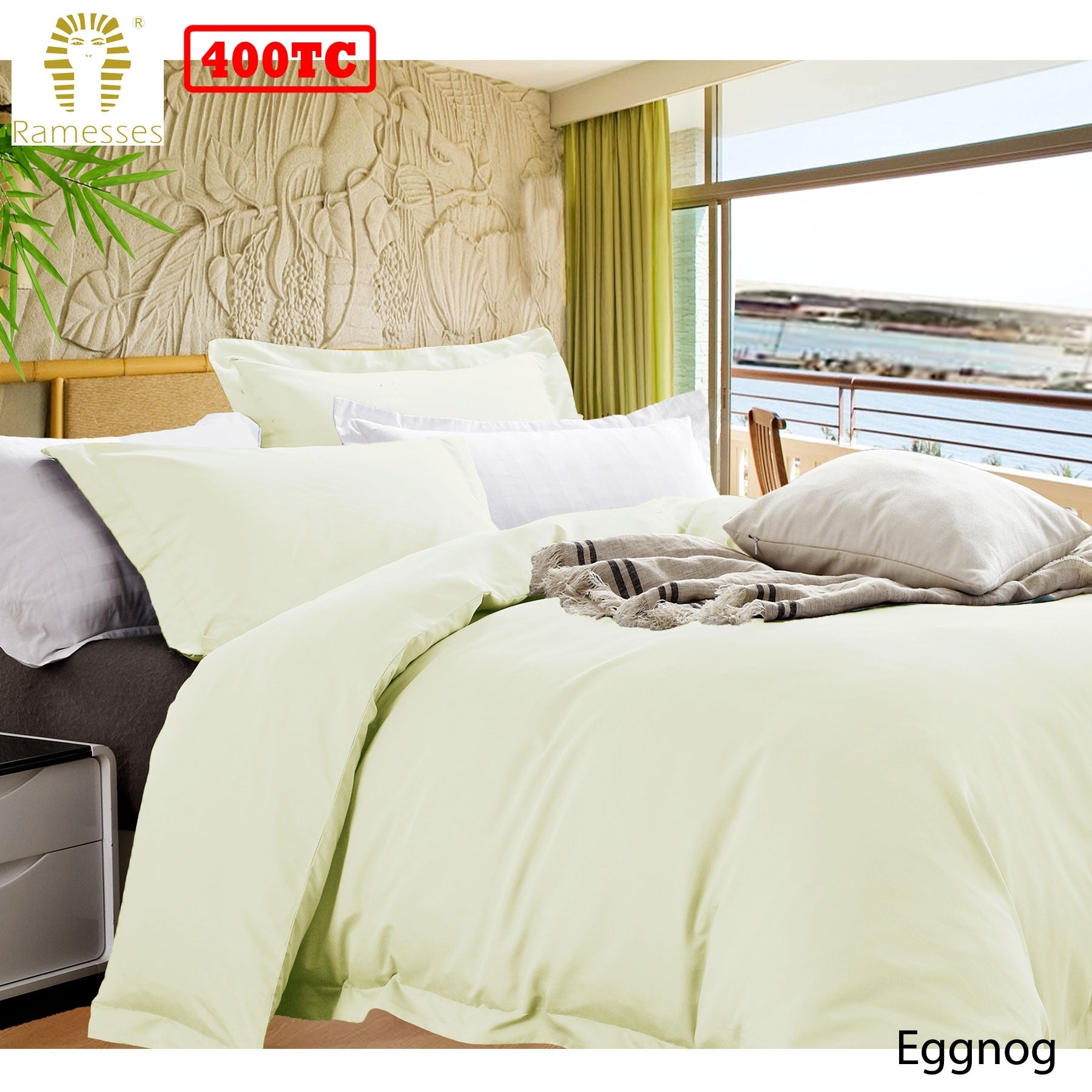 Ramesses Bamboo Cotton Quilt Cover Set Eggnog Queen - 400TC, Solid Colour Design - SuperSaverAU - view 1