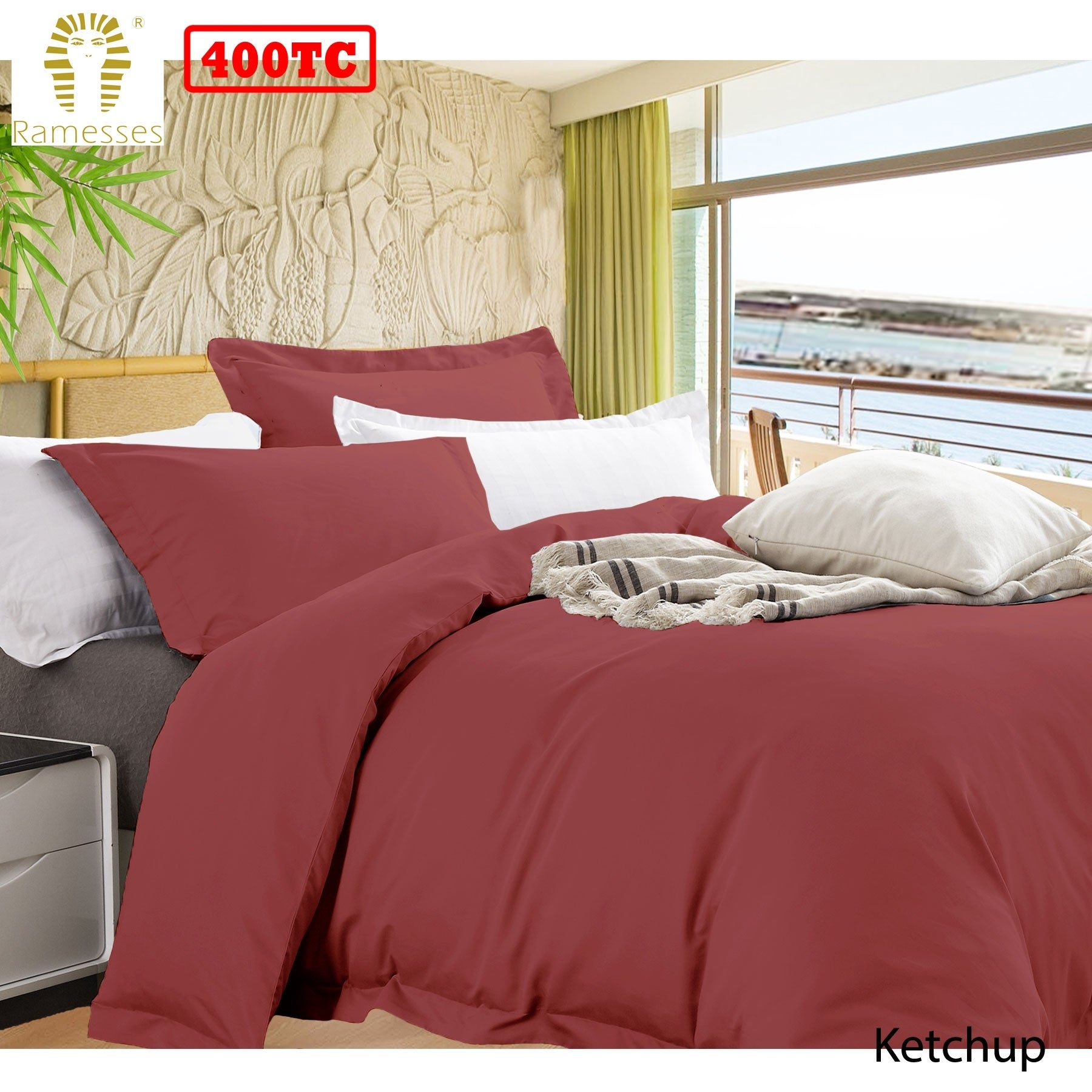 Ramesses Bamboo Cotton Quilt Cover Set Ketchup Queen - 400TC, Solid Colour Design - SuperSaverAU - view 1