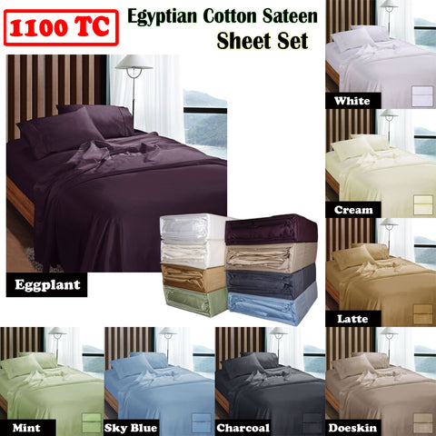 Ramesses 1100TC Egyptian Cotton Sateen Sheet Set Mint Queen - Breathable, Luxurious - SuperSaverAU - view 1