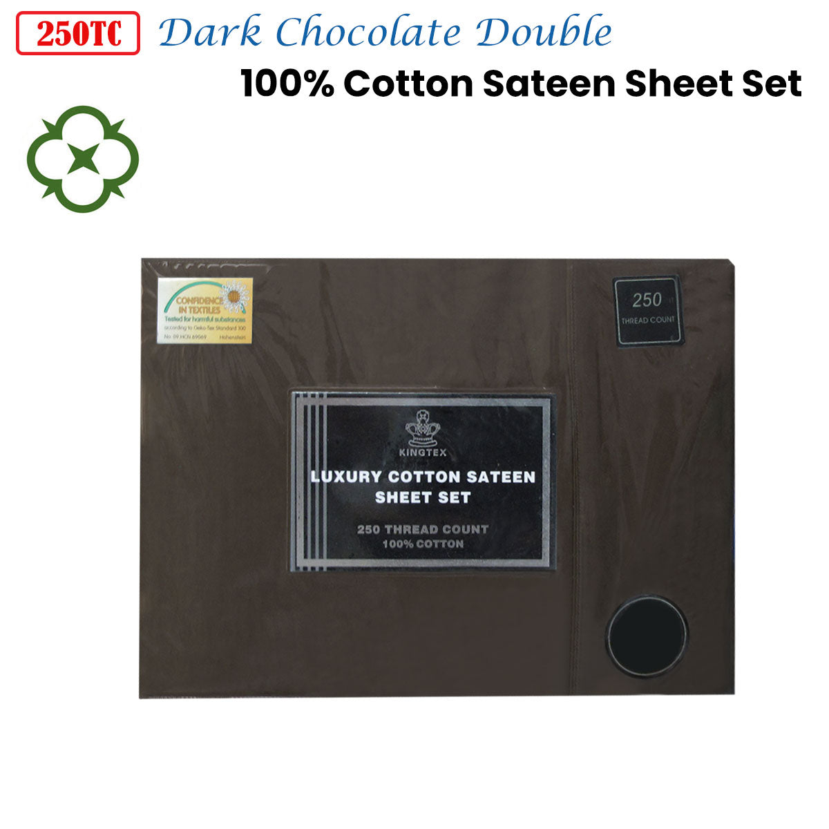 Kingtex 250TC 100% Cotton Sateen Sheet Set Dark Chocolate Double - Luxurious Comfort - SuperSaverAU - view 2