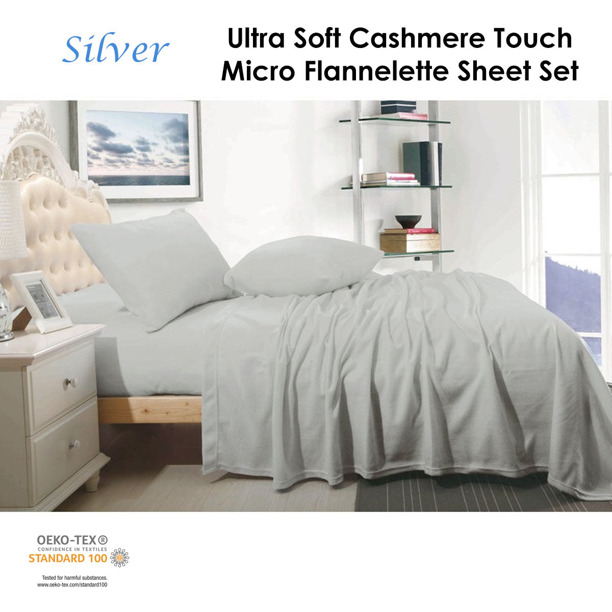 Shangri La Cashmere Touch Micro Flannelette Sheet Set – Silver Queen