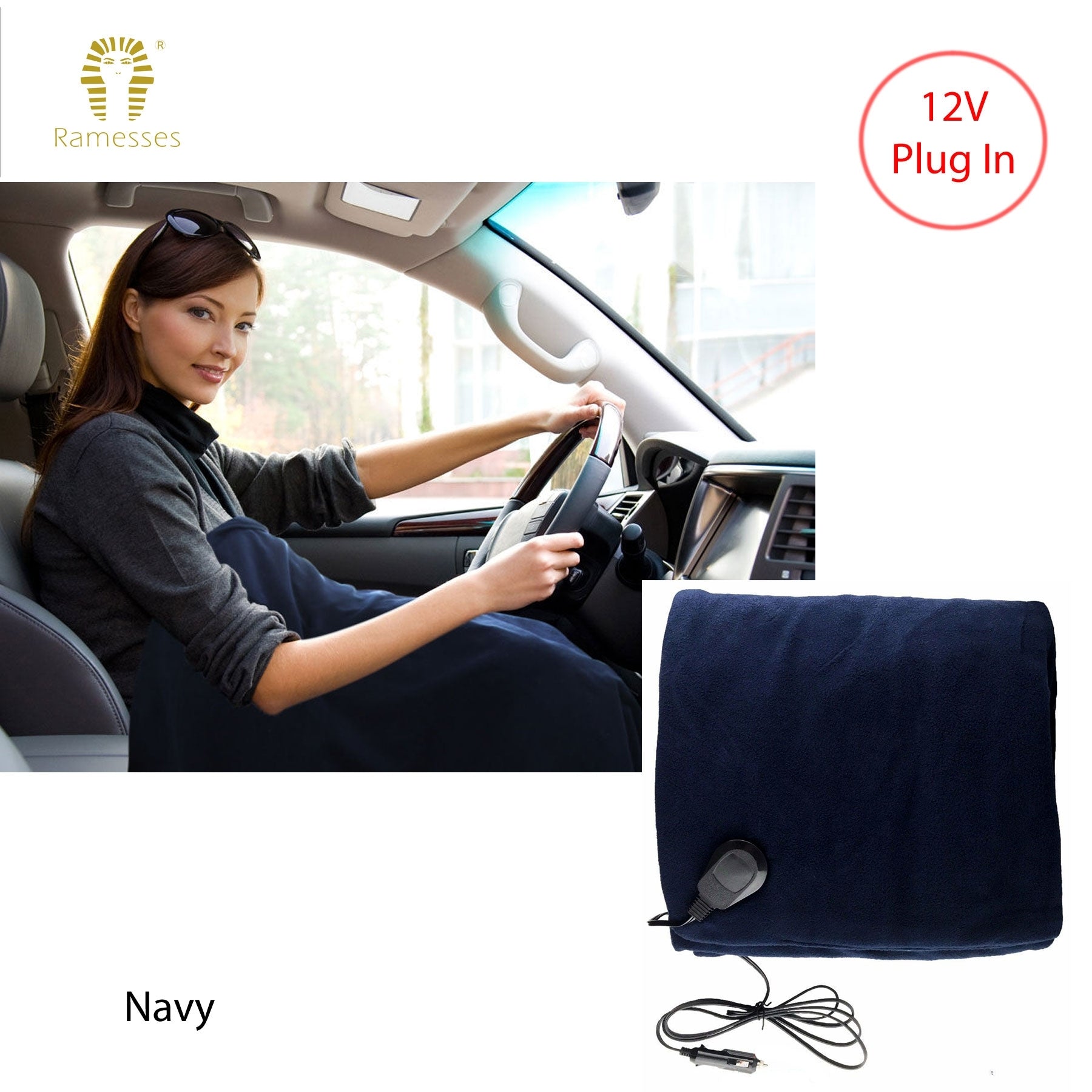 Ramesses Electric Heated Car Snuggle with 12V Plug - Navy, 110 x 150cm