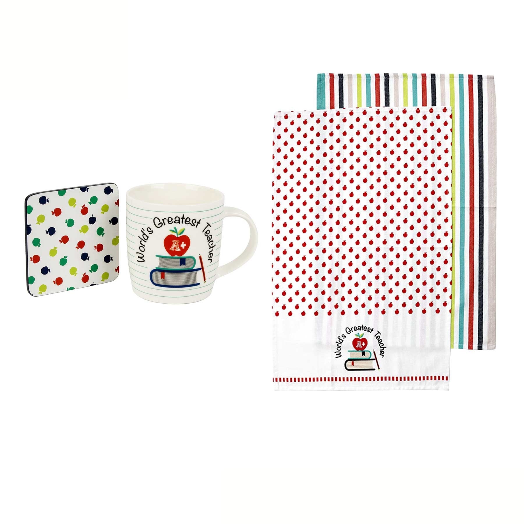 Ladelle World's Greatest Teacher Mug 9x8.5cm, Coaster 9.5x9.5cm & 2 Tea Towels 45x70cm - SuperSaverAU - view 1