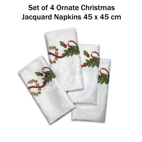 Set of 4 Ornate Christmas Jacquard Napkins 45 x 45cm - Mistletoe Design - SuperSaverAU - view 1