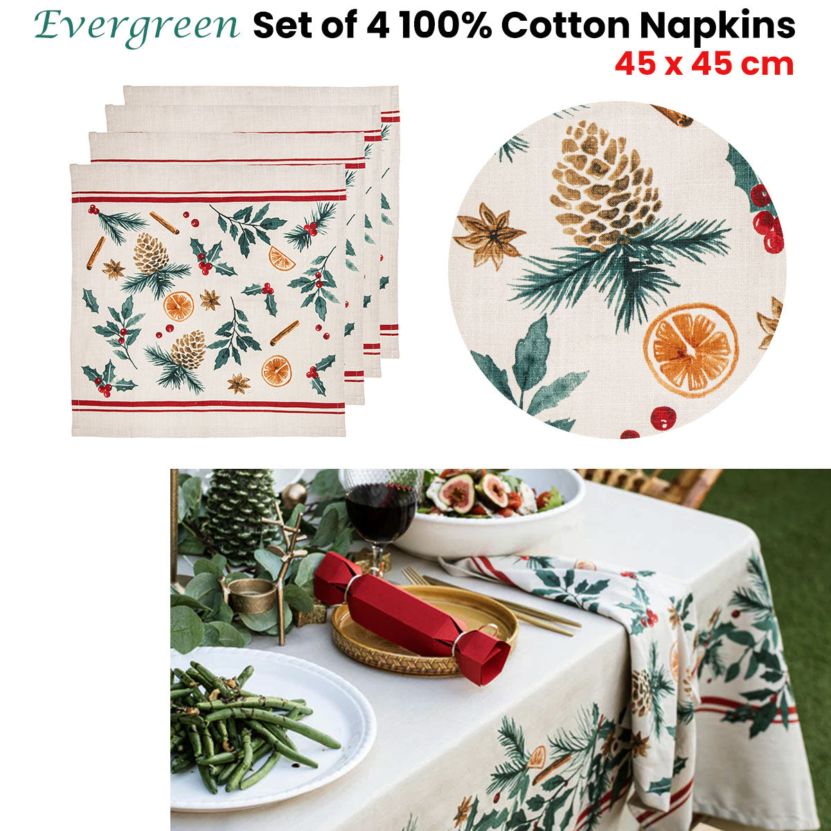 Ladelle Set of 4 Evergreen 100% Cotton Napkins 45 x 45 cm - Christmas Design - SuperSaverAU - view 2