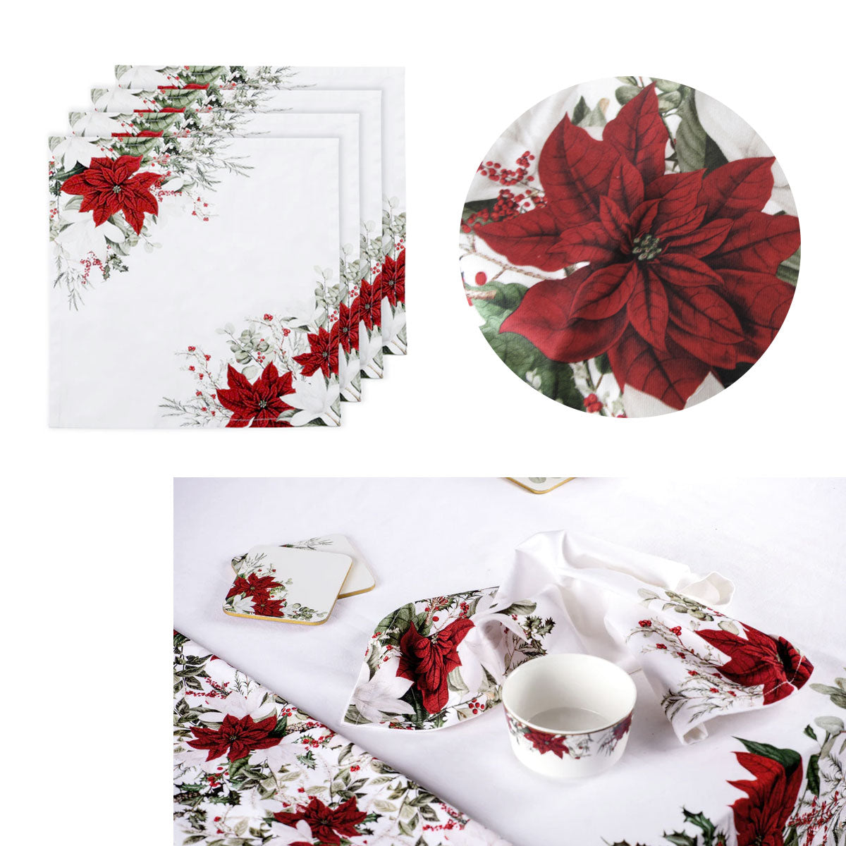 Ashdene Set of 4 Poinsettia 100% Cotton Napkins 45 x 45 cm - Floral Design - SuperSaverAU - view 1