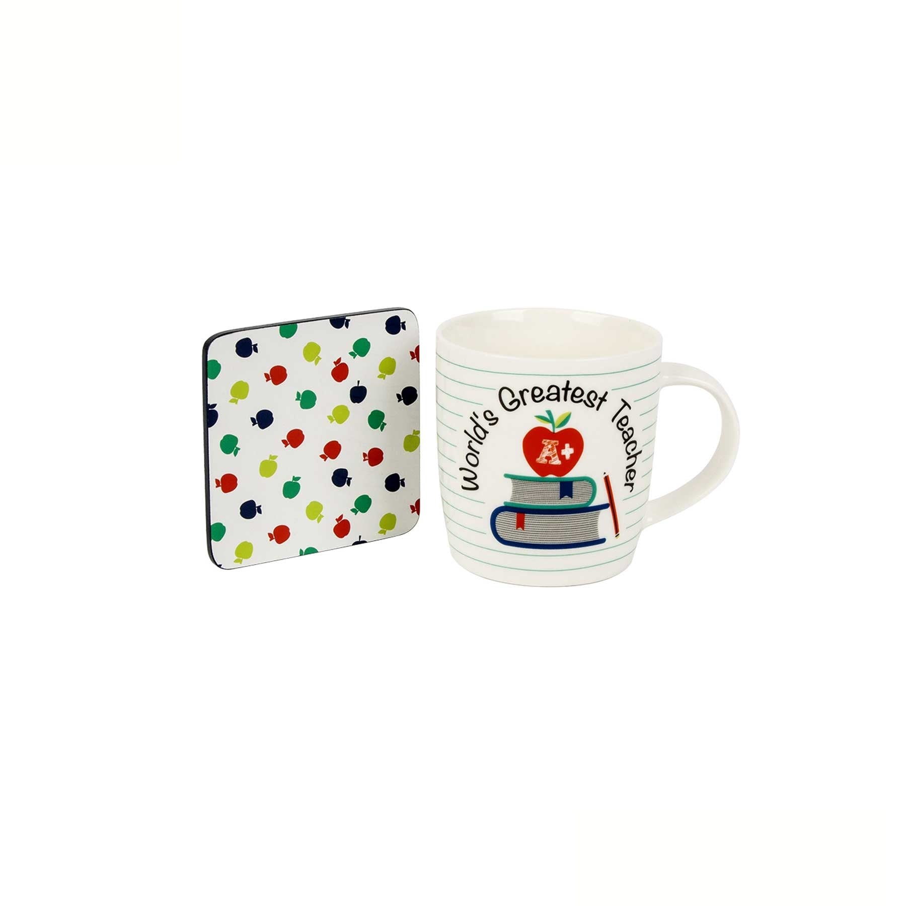 Ladelle World's Greatest Teacher Mug & Coaster Set - 9 x 8.5 cm, Stripes/Apples Design - SuperSaverAU - view 1