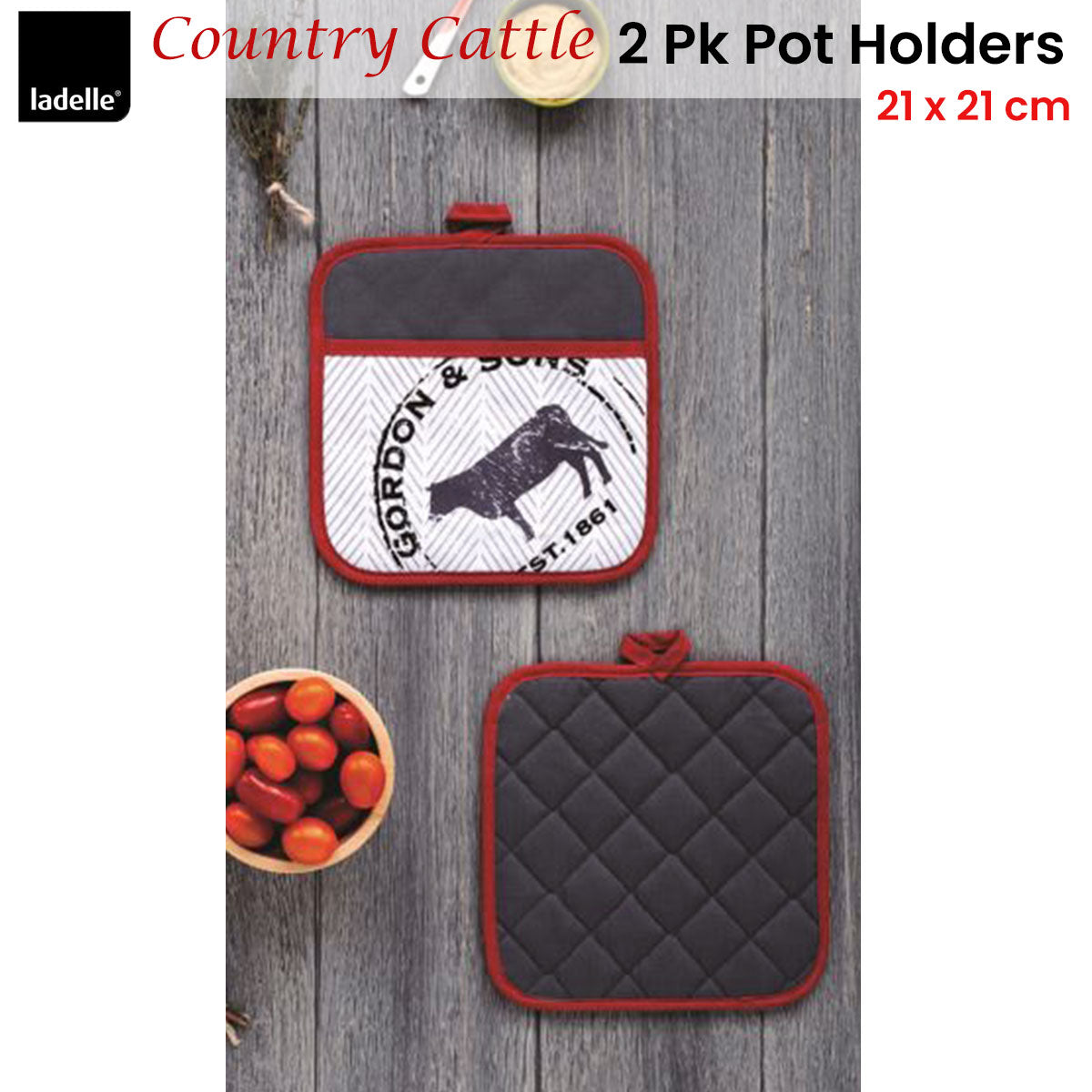 Ladelle Country Cattle Set of 2 Pot Holders 21 x 21 cm, Quilted, AZO Free Dyes - SuperSaverAU - view 2