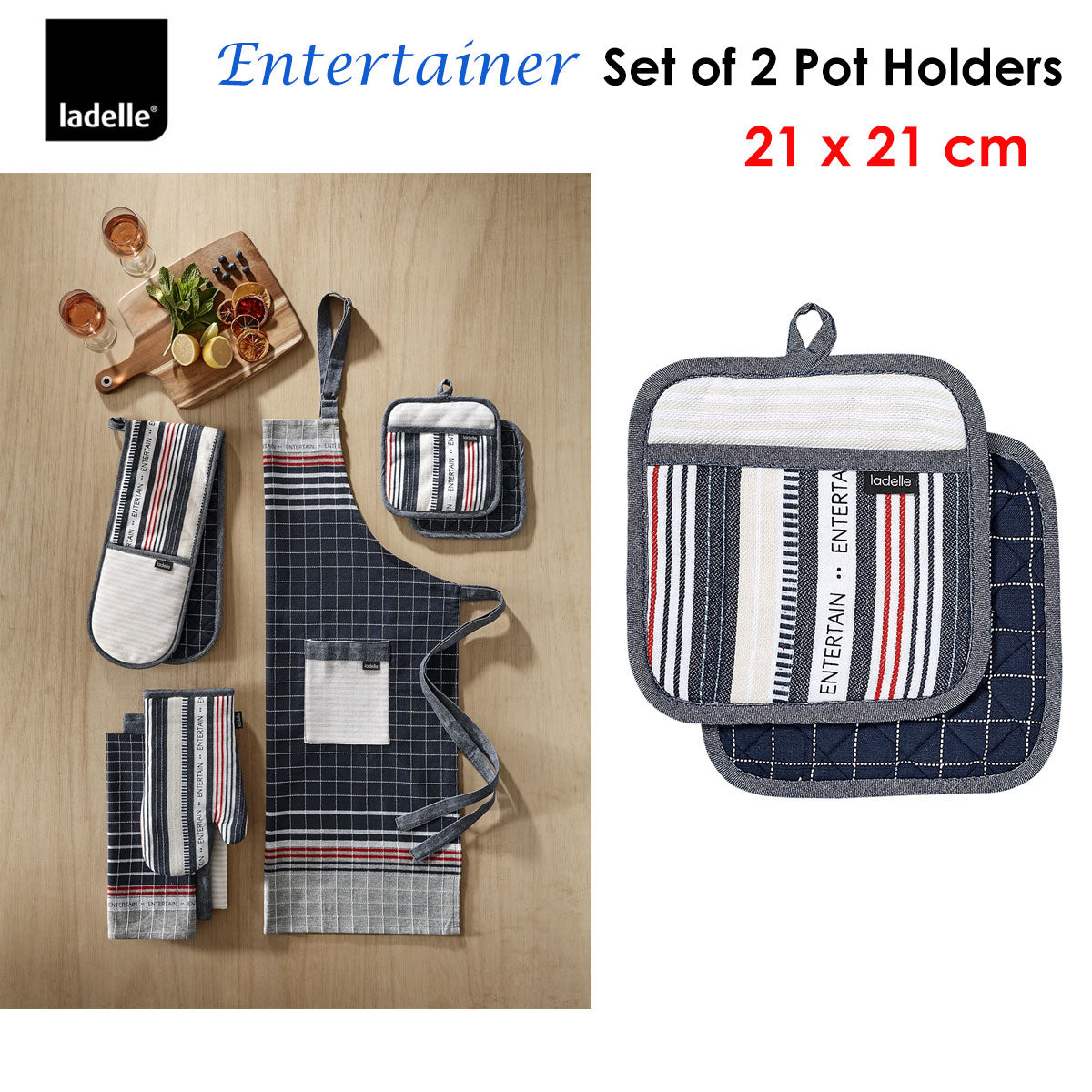 Ladelle Entertainer Charcoal Set of 2 Pot Holders 21 x 21 cm, Quilted Design, AZO Free - SuperSaverAU - view 2
