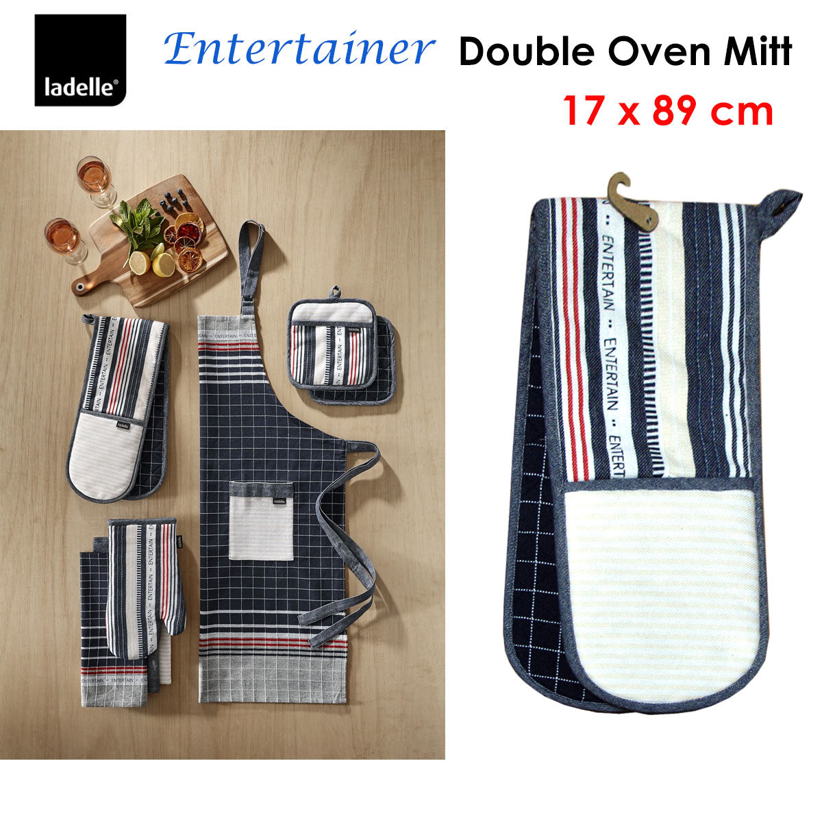 Ladelle Entertainer Charcoal Double Oven Mitt 17 x 89 cm, Quilted Design, AZO Free - SuperSaverAU - view 1