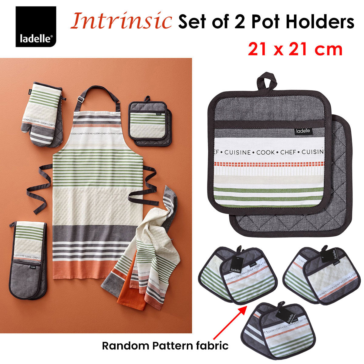 Ladelle Intrinsic Grey Set of 2 Pot Holders 21 x 21 cm, Quilted Design, AZO Free - SuperSaverAU - view 2