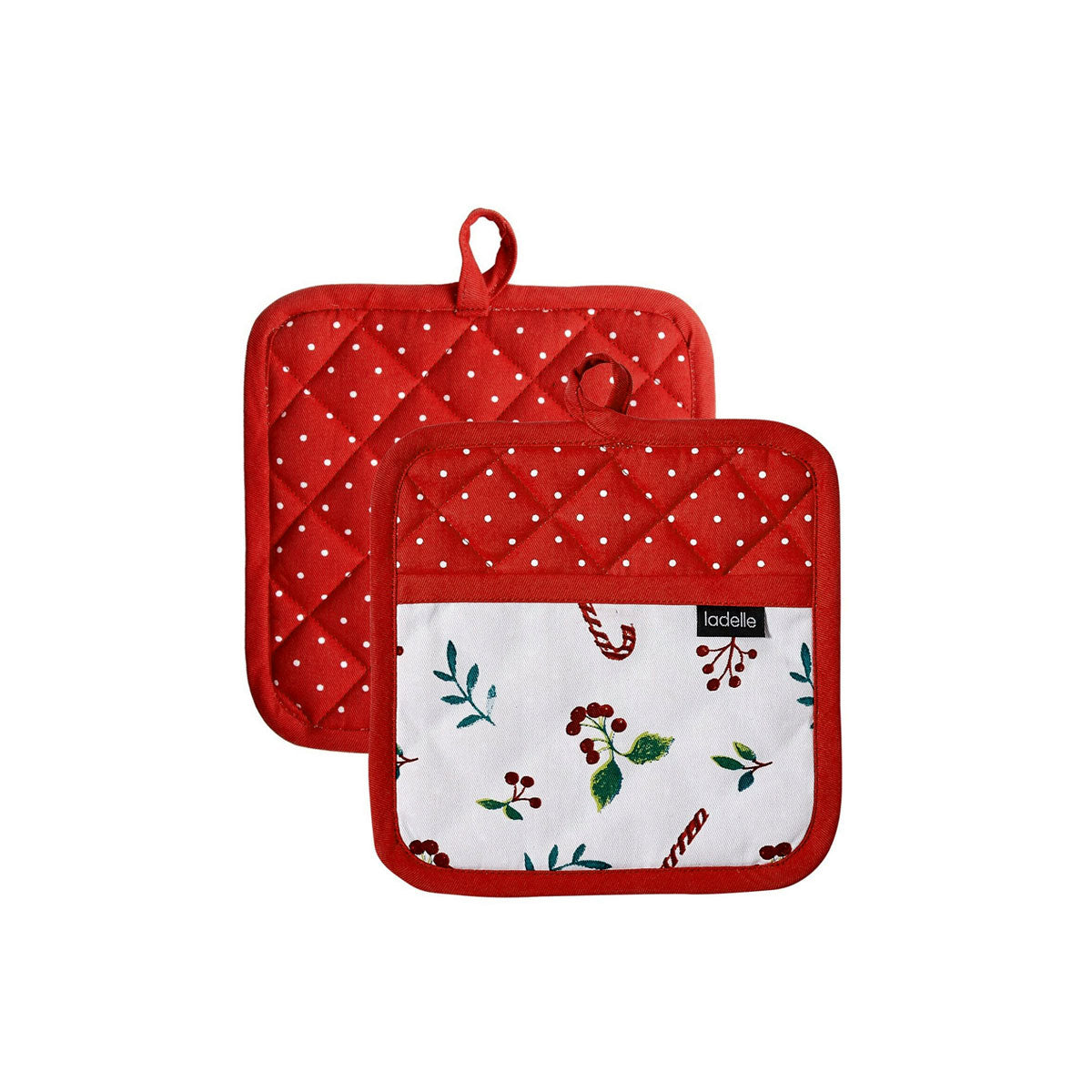 Ladelle Joyful Red Set of 2 Pot Holders 21 x 21 cm - Quilted Christmas Design - SuperSaverAU - view 1