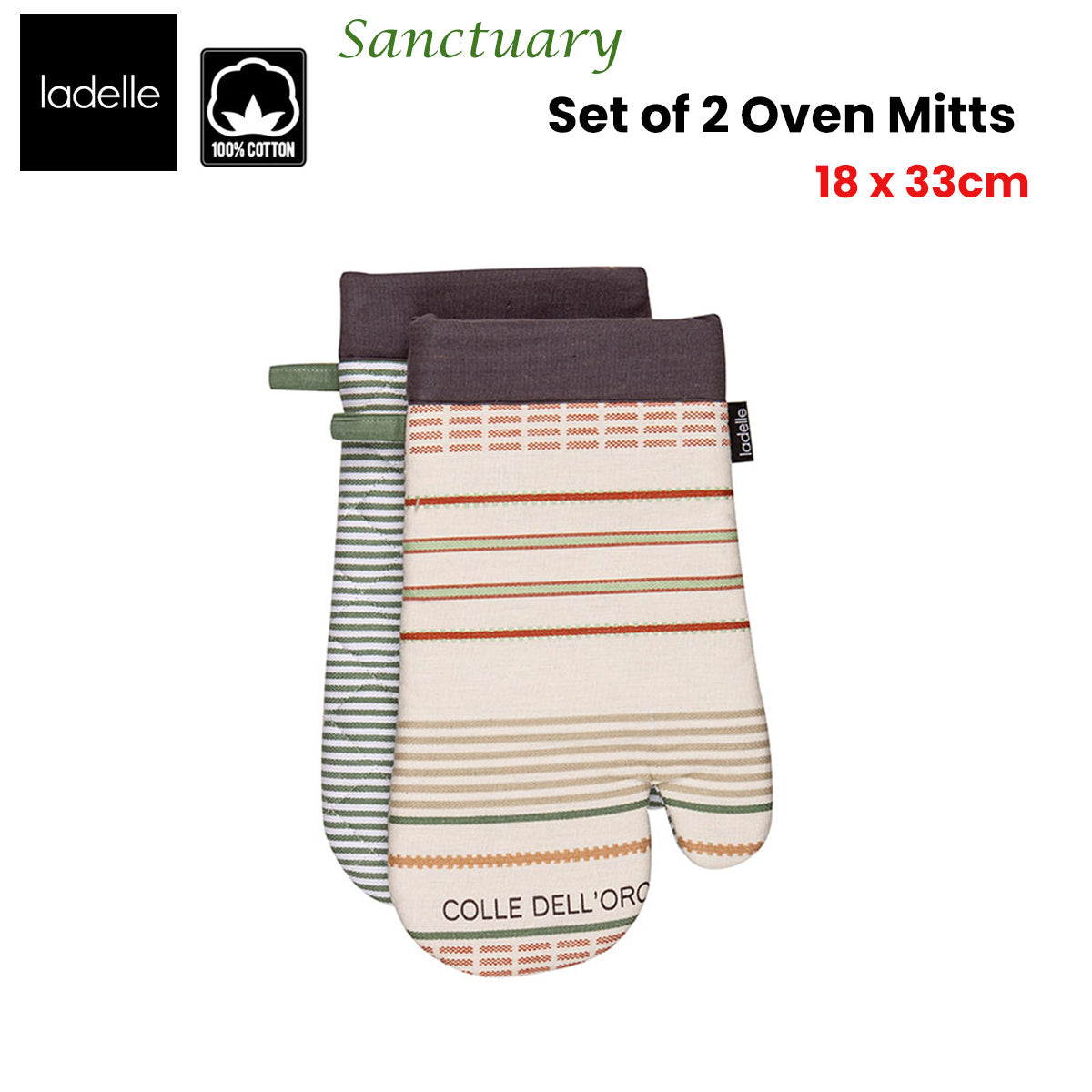 Ladelle Sanctuary Cream Set of 2 Oven Mitts 18 x 33 cm, Quilted Design, AZO Free Dyes - SuperSaverAU - view 2