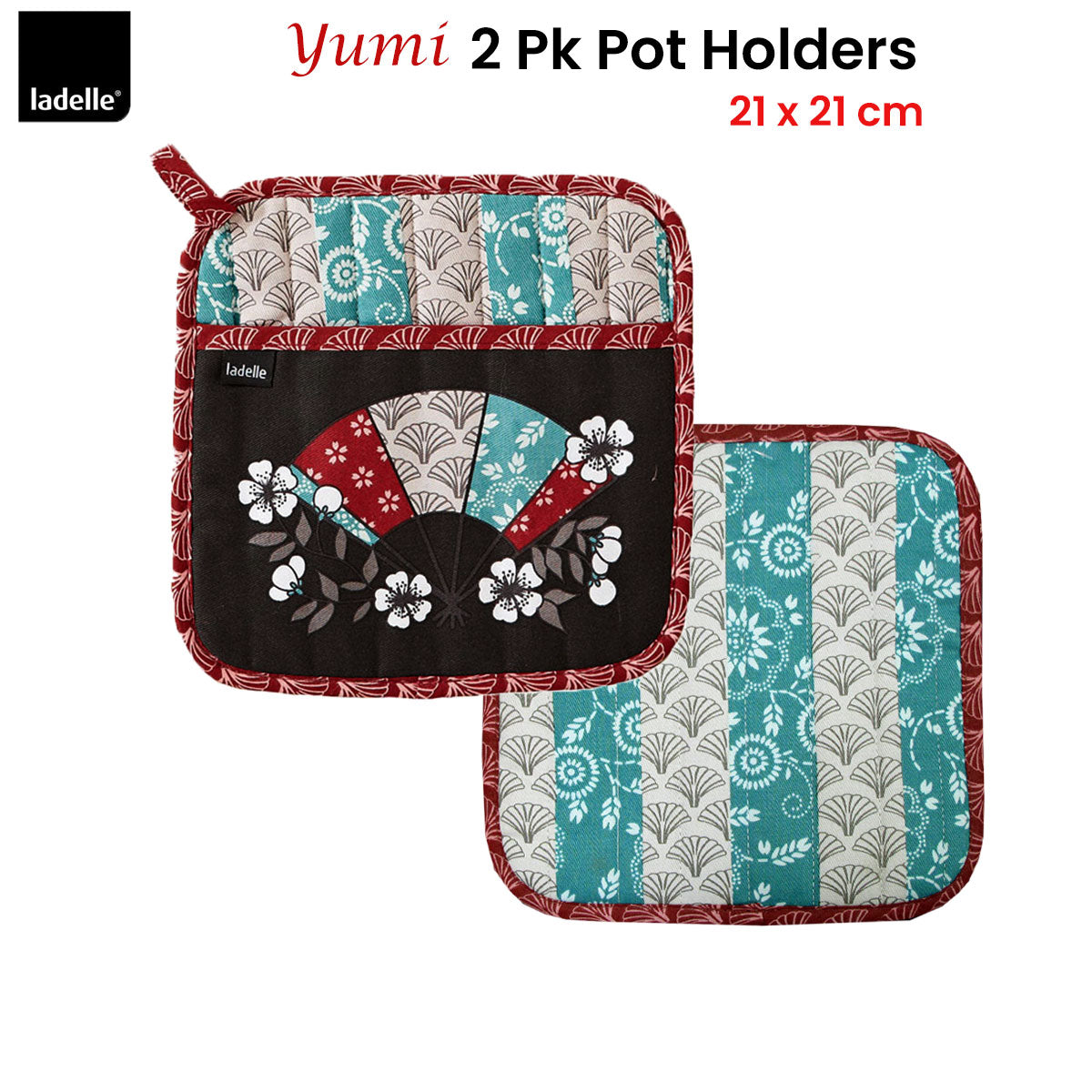 Ladelle Yumi Set of 2 Pot Holders 21 x 21 cm, Fan Design, AZO Free Dyes - SuperSaverAU - view 1