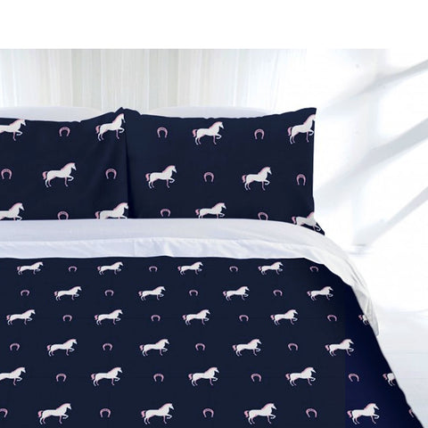 Just Home Horse Shoe Quilt Cover Set Single - Horseshoe Print Design, Navy/Pink - SuperSaverAU - view 1