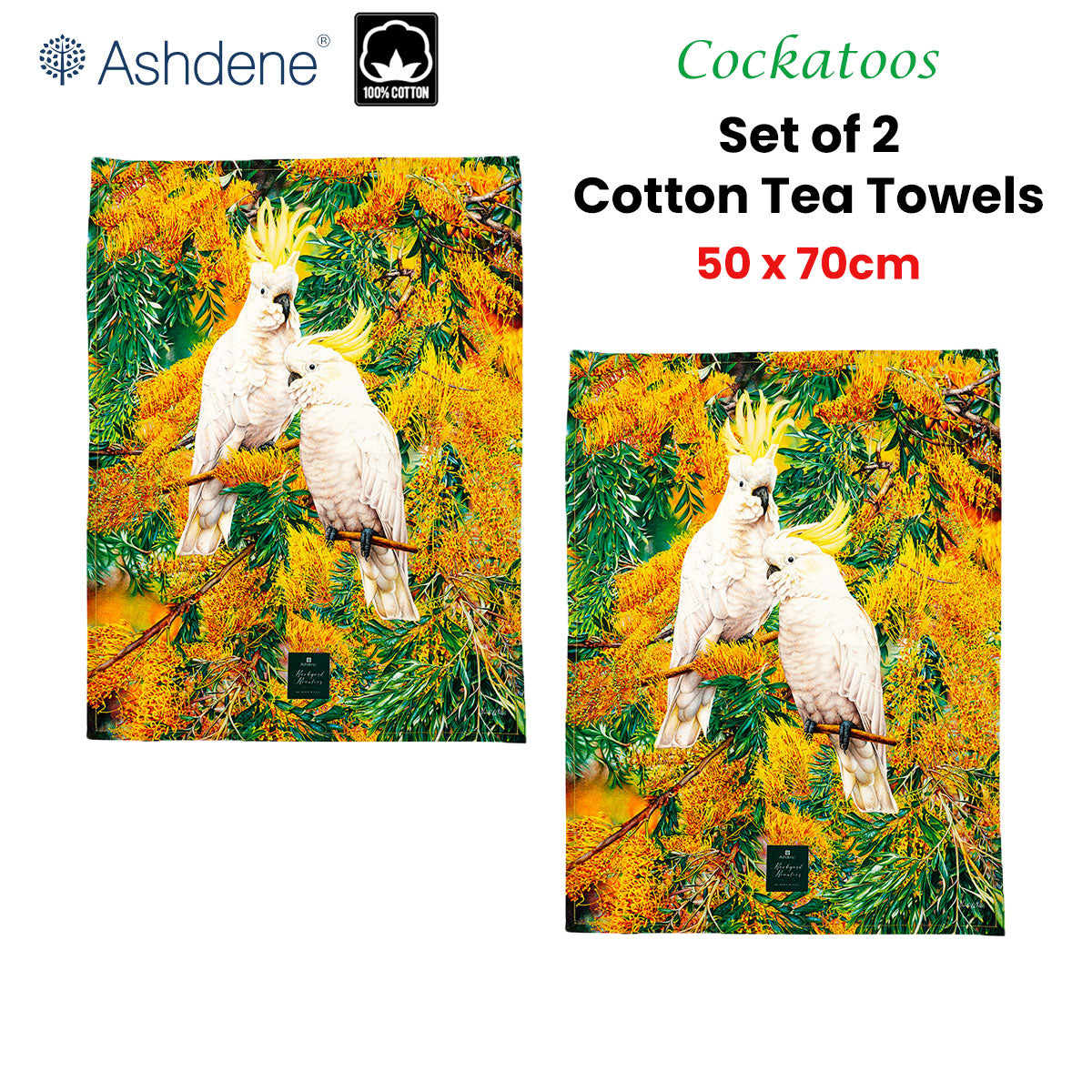 Heidi Willis Cockatoos Tea Towels Set of 2, 50 x 70 cm, 100% Cotton - SuperSaverAU - view 2