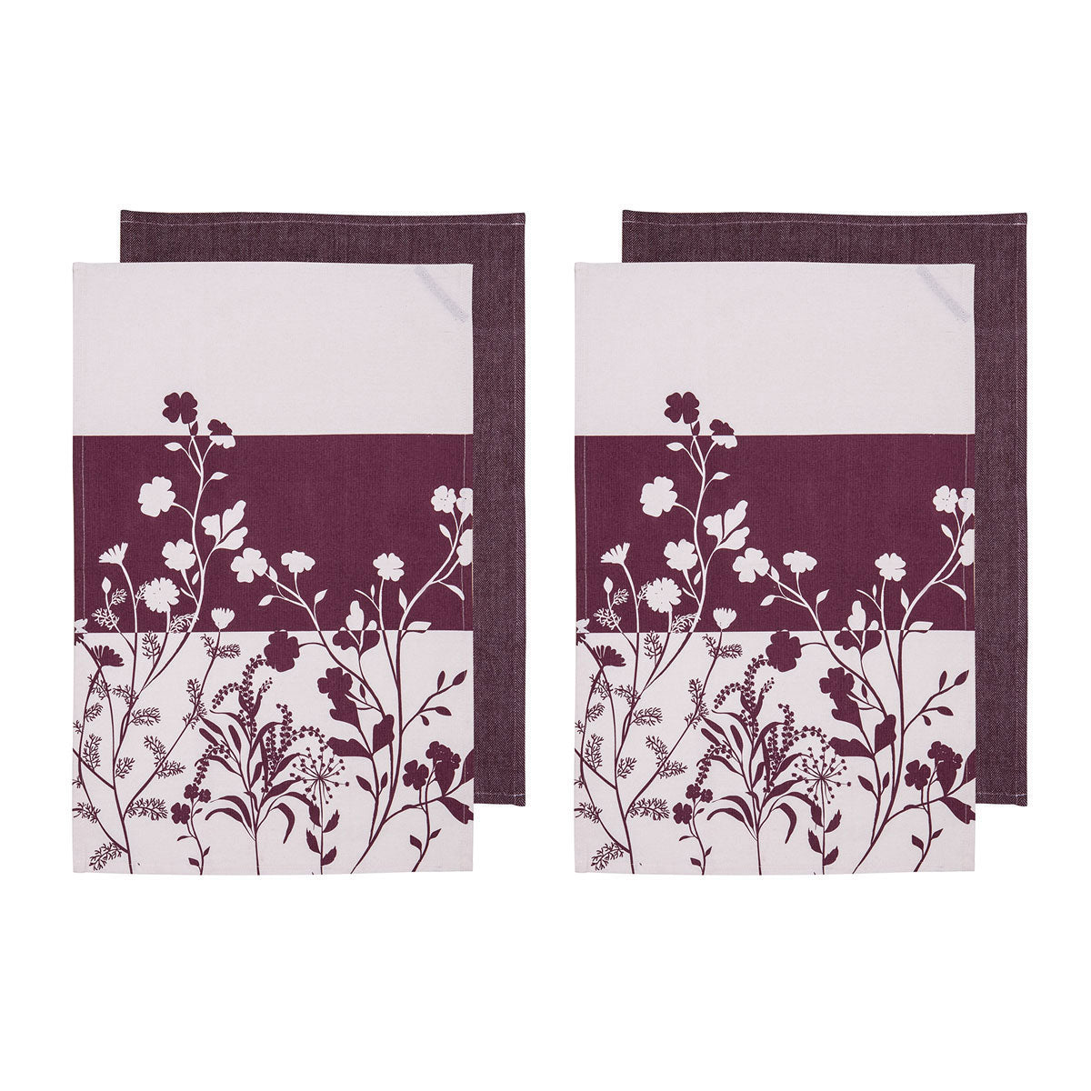 Ladelle Set of 4 Homespun Flower Cotton Kitchen Tea Towels 50 x 70 cm Mulberry - SuperSaverAU - view 1