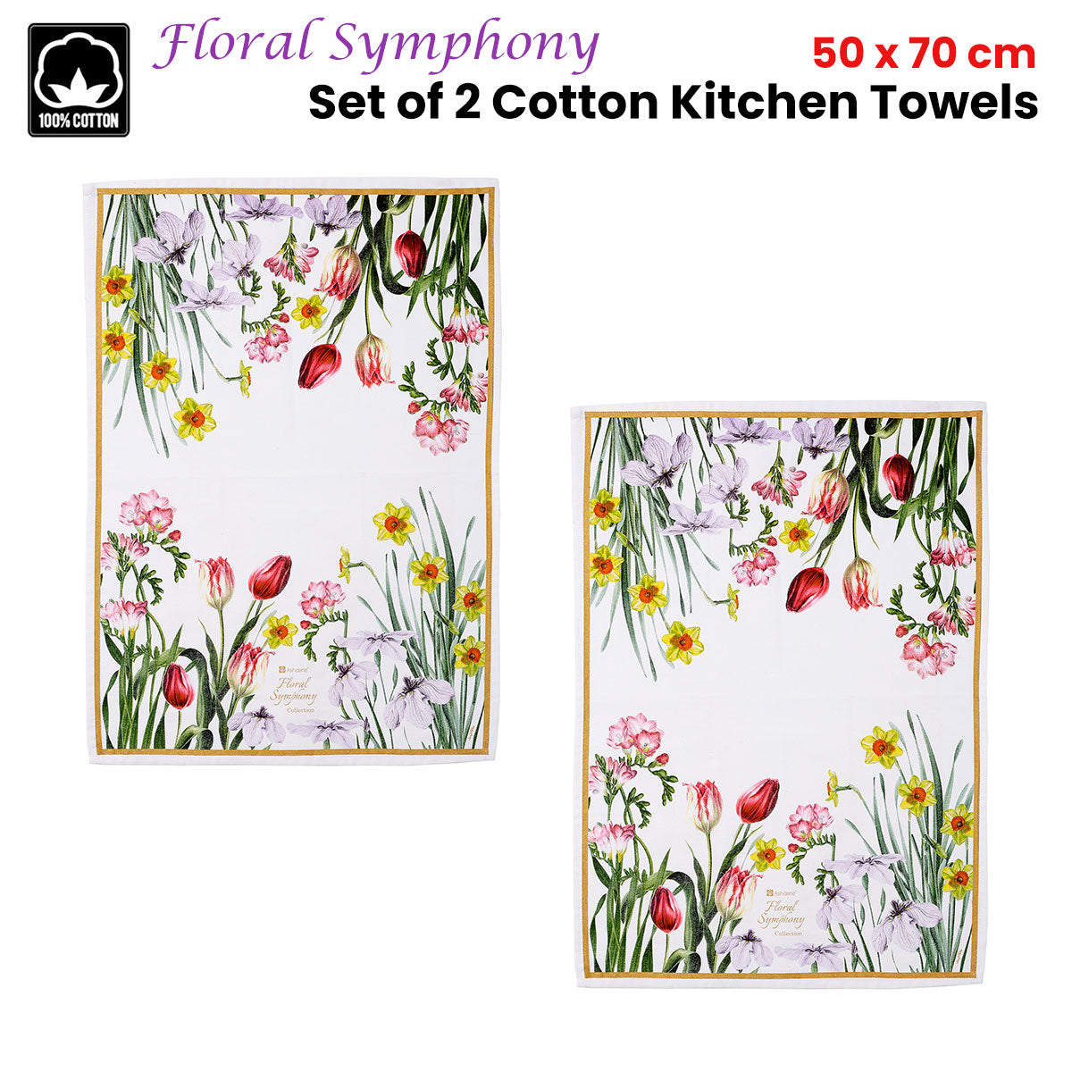 Ashdene Floral Symphony Set of 2 Cotton Kitchen Tea Towels 50 x 70 cm - SuperSaverAU - view 1