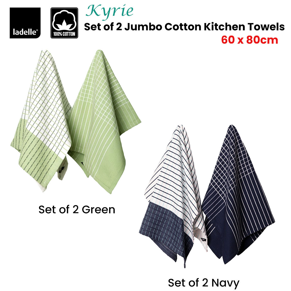 Ladelle Kyrie Cotton Set of 2 Jumbo Kitchen Towels 60 x 80 cm Green - SuperSaverAU - view 2