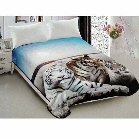 800GSM Luxury Reversible Animal Pattern Mink Blanket Queen 200 x 240 cm Three Tigers Blue - SuperSaverAU - view 1