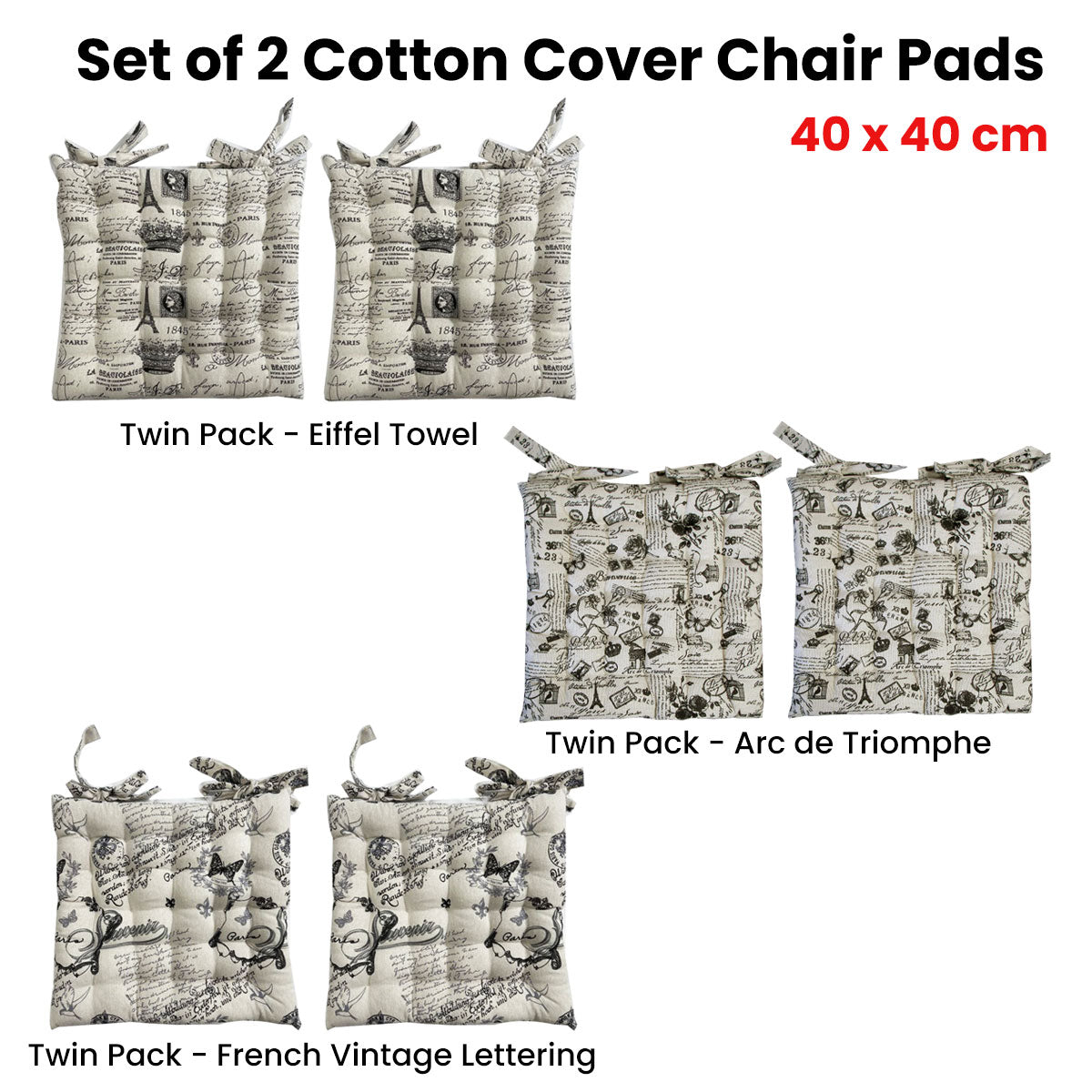 Set of 2 Cotton Cover Chair Pads 40 x 40 cm - Beige & Black Print Design - SuperSaverAU - view 1
