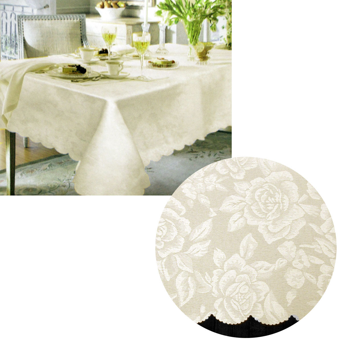 Jacquard Damask Rose Design Table Cloth Cream 140 x 180 cm with Scalloped Edging - SuperSaverAU - view 1
