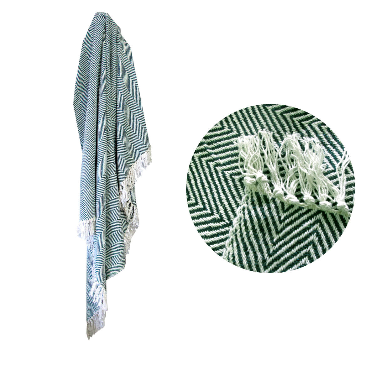 100% Cotton Fringe Throw Rug 125 x 150 cm Chevron Green - Soft & Stylish - SuperSaverAU - view 1