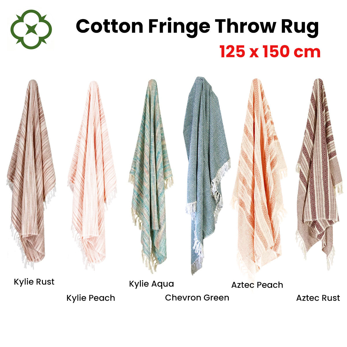 100% Cotton Fringe Throw Rug 125 x 150 cm Chevron Green - Soft & Stylish - SuperSaverAU - view 2
