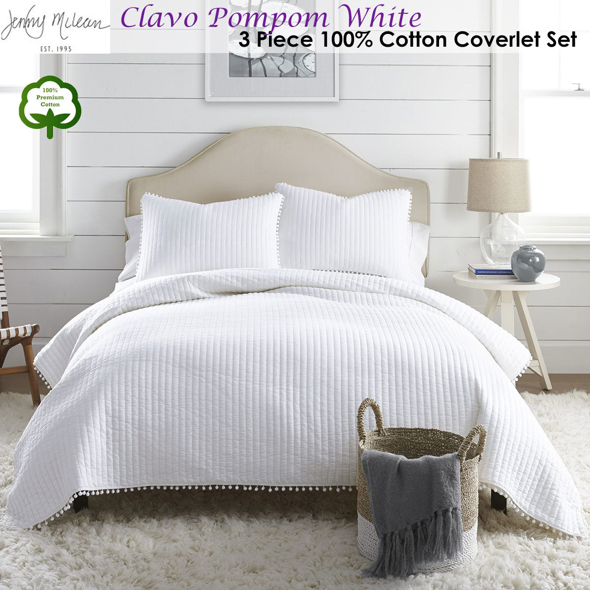 Jenny Mclean Clavo Pompom White 3 Piece 100% Cotton Coverlet Set Super King - SuperSaverAU - view 2