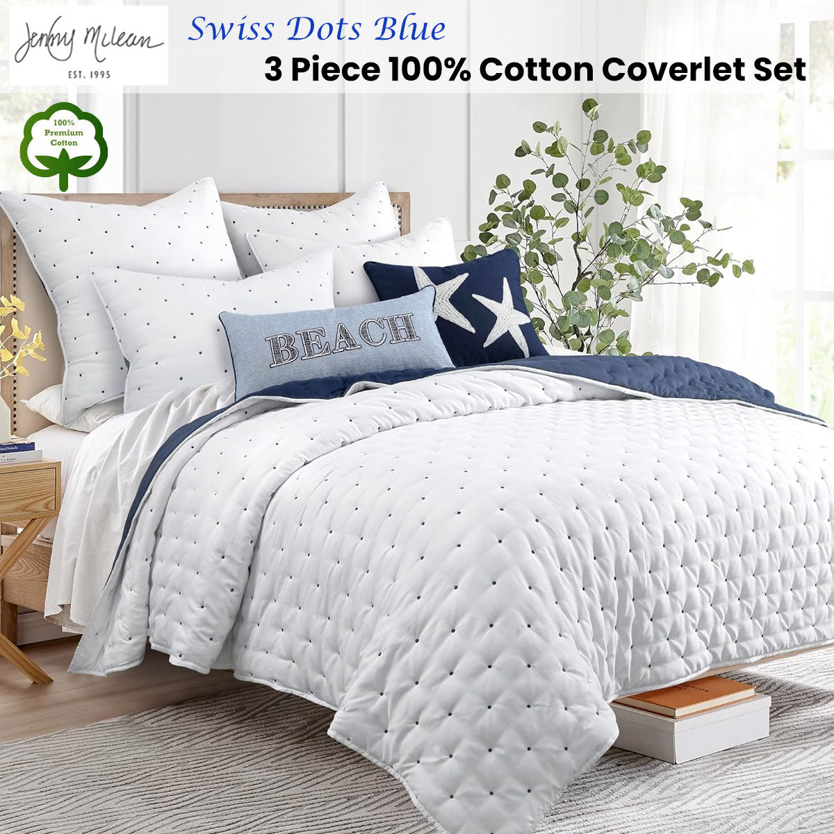 Jenny Mclean Swiss Dots Blue 3 Piece 100% Cotton Reversible Coverlet Set Super King - SuperSaverAU - view 1