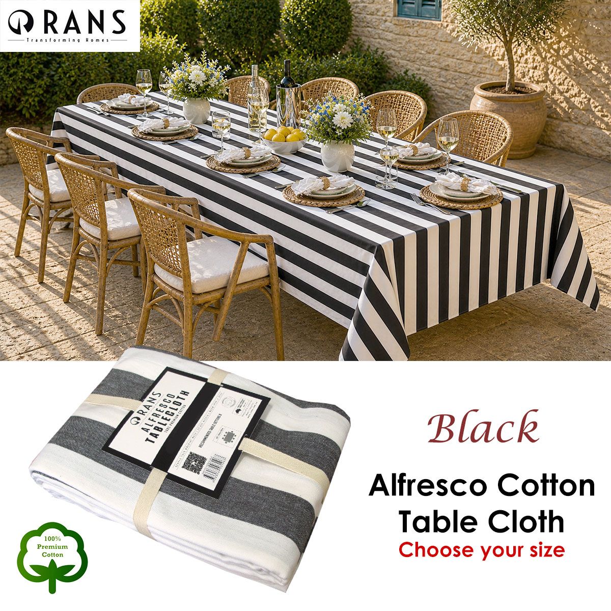 Rans Alfresco Stripes Cotton Tablecloth – Black & White 150 x 250cm, 8 Seater