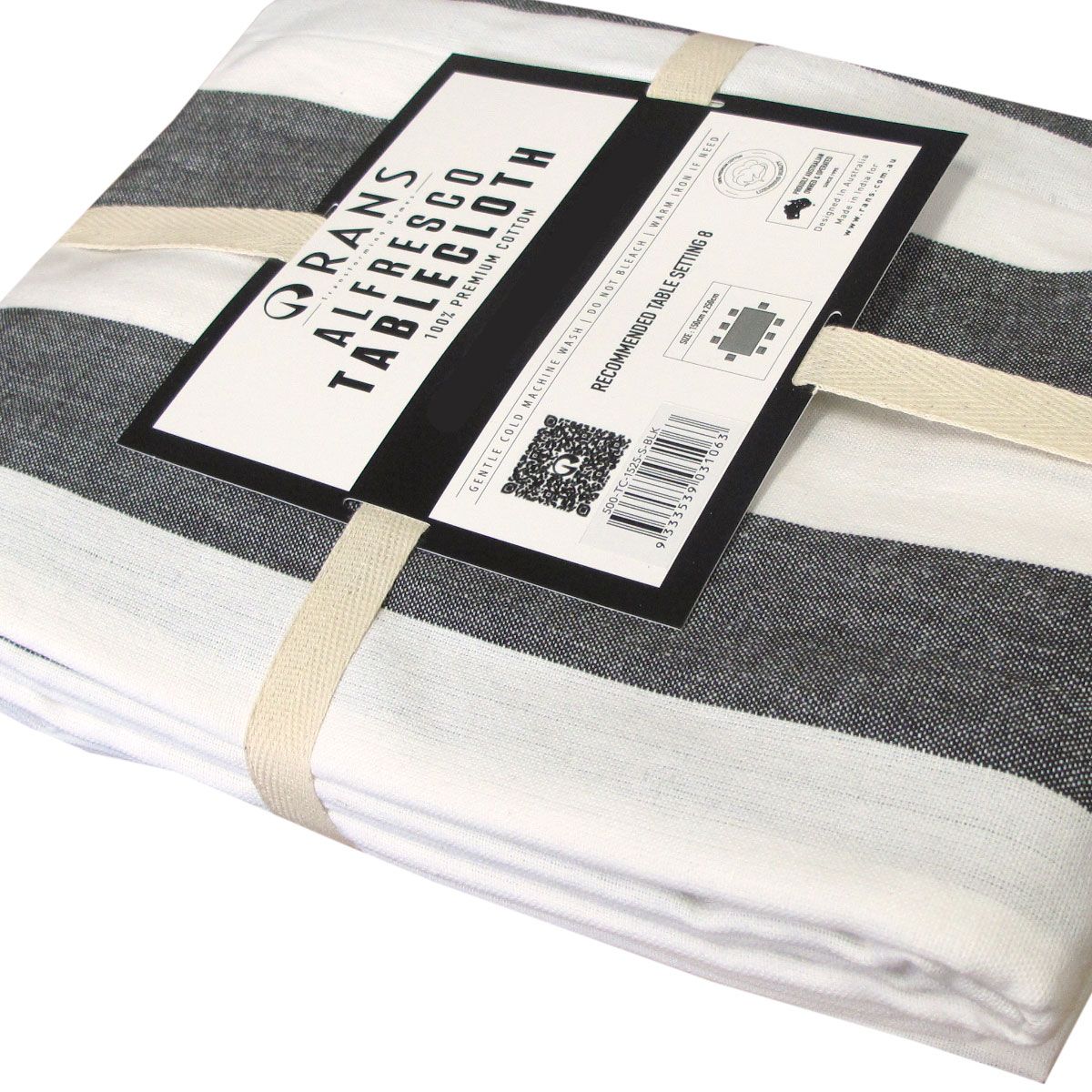 Rans Alfresco Stripes Cotton Tablecloth – Black & White 150 x 250cm, 8 Seater