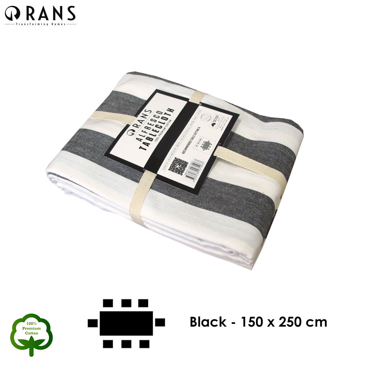 Rans Alfresco Stripes Cotton Tablecloth – Black & White 150 x 250cm, 8 Seater