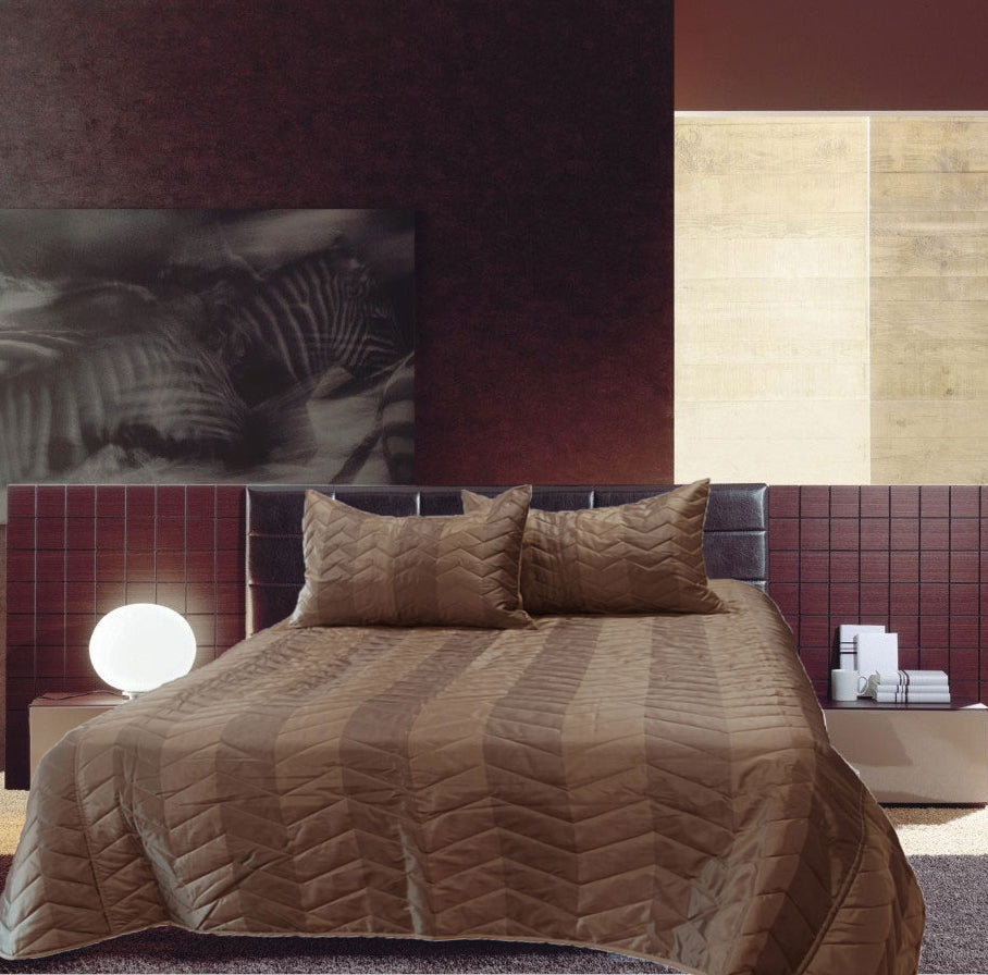 Rapee Faux Silk Quilted Coverlet Set Zig Zag Brown - Queen 220cm x 245cm - SuperSaverAU - view 1