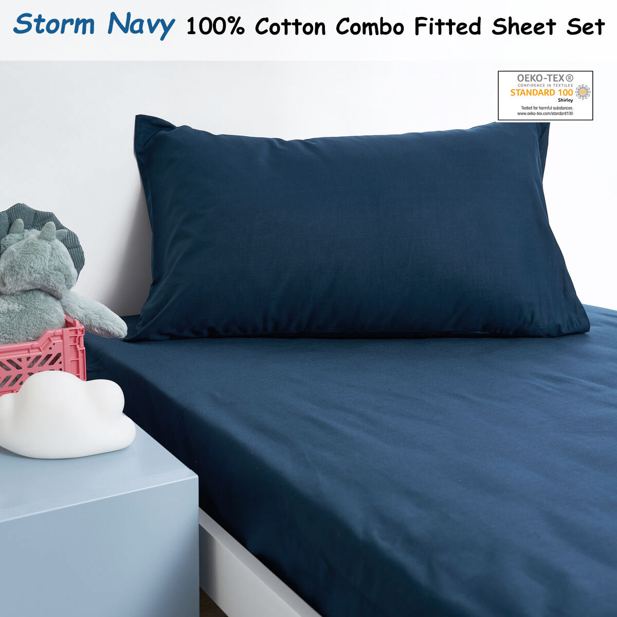 Premium Minikins Junior Cotton Fitted Sheet Combo Set - Storm Navy, Single