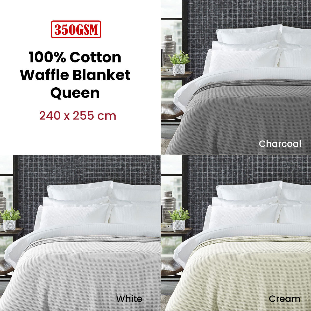 Living @ Home Cotton Waffle Blanket 350GSM - Charcoal, Queen