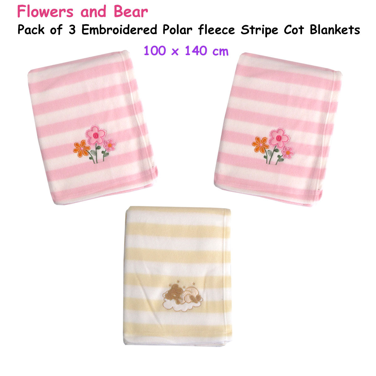 Living Home Baby Girls Embroidered Polar Fleece Cot Blankets - Pink, 3 Pack