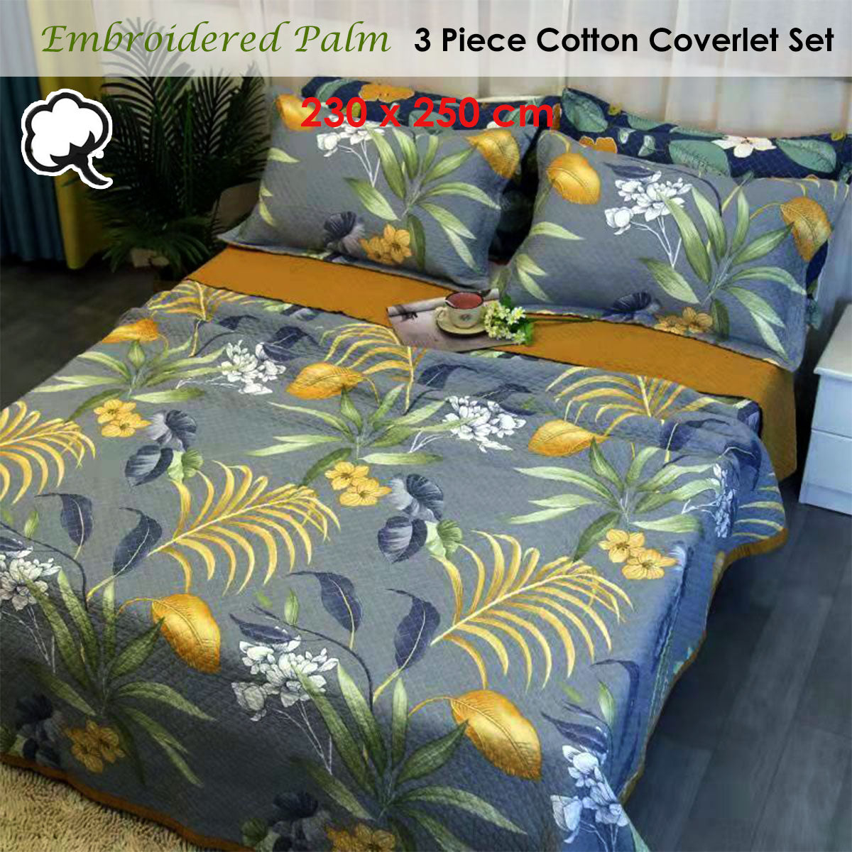 Premium Embroidered Palm Cotton Coverlet Set - Queen