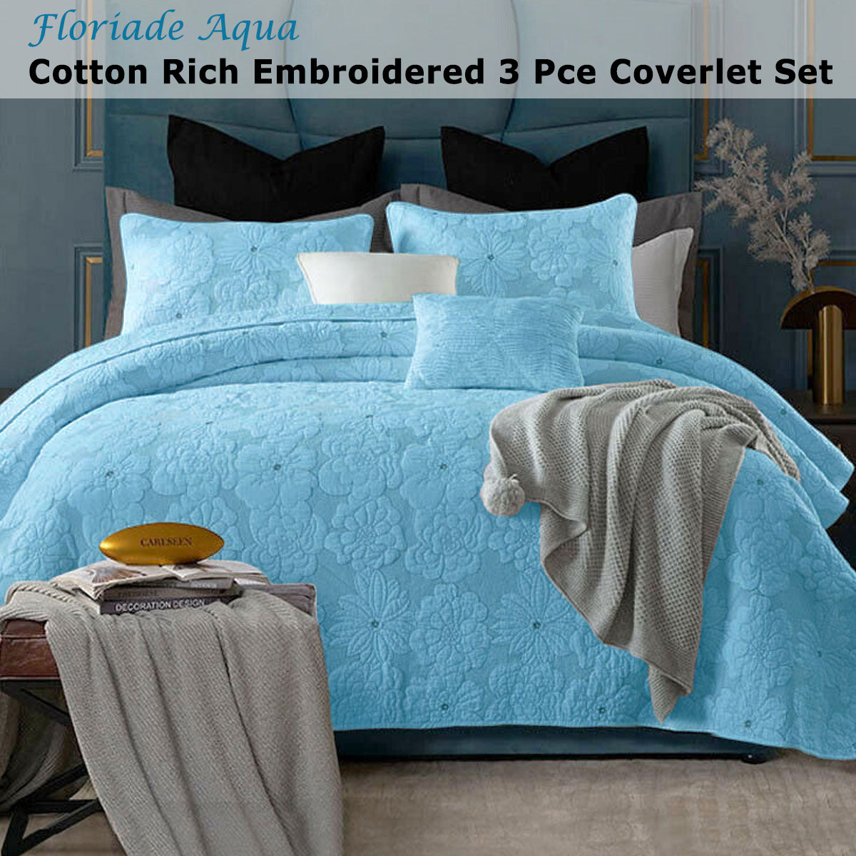 Premium Floriade Cotton Rich Lightly Quilted Coverlet Set - Aqua, Queen