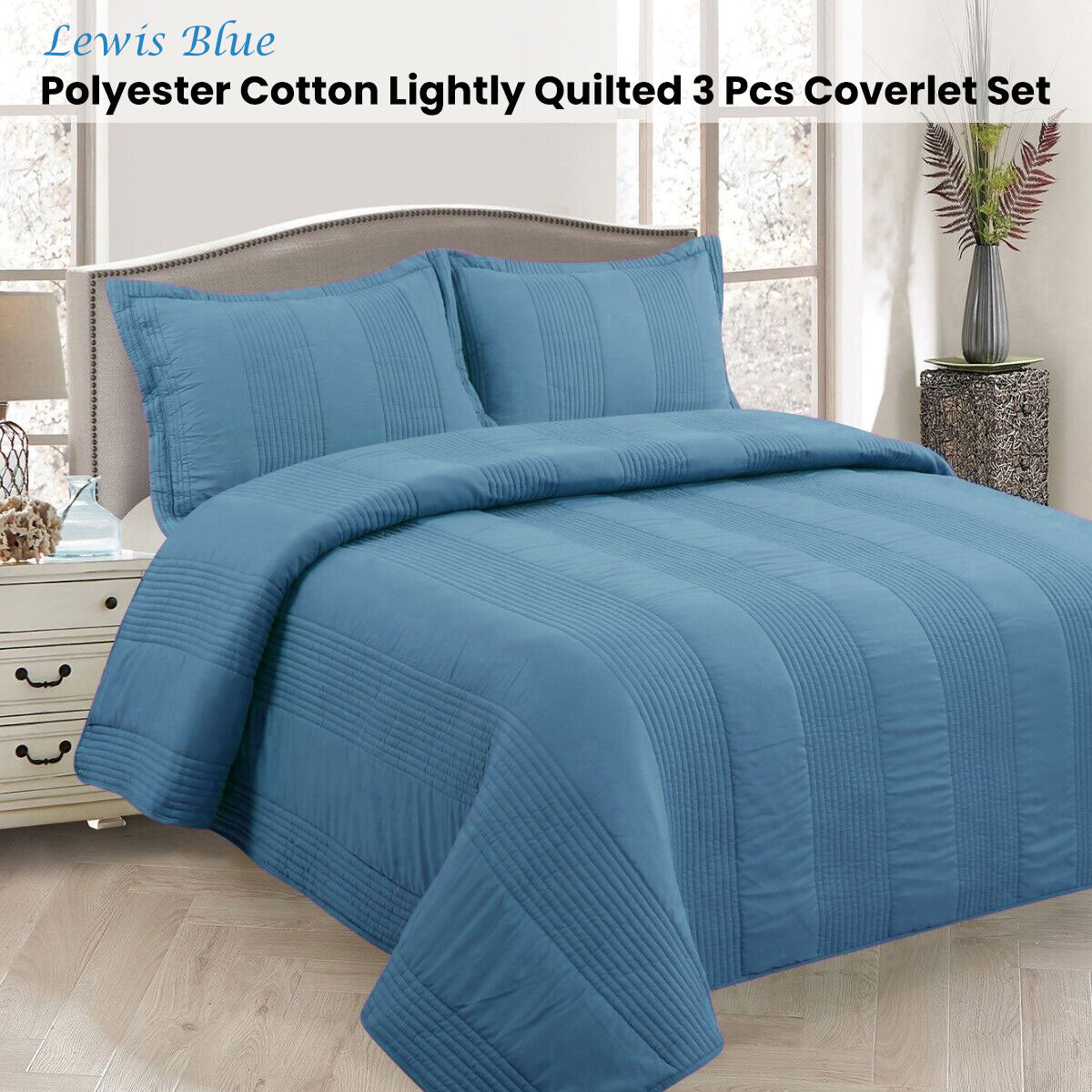 Lewis Blue 3 Pce Lightly Quilted Polyester Cotton Coverlet Set Queen - 220 x 240 cm - SuperSaverAU - view 2