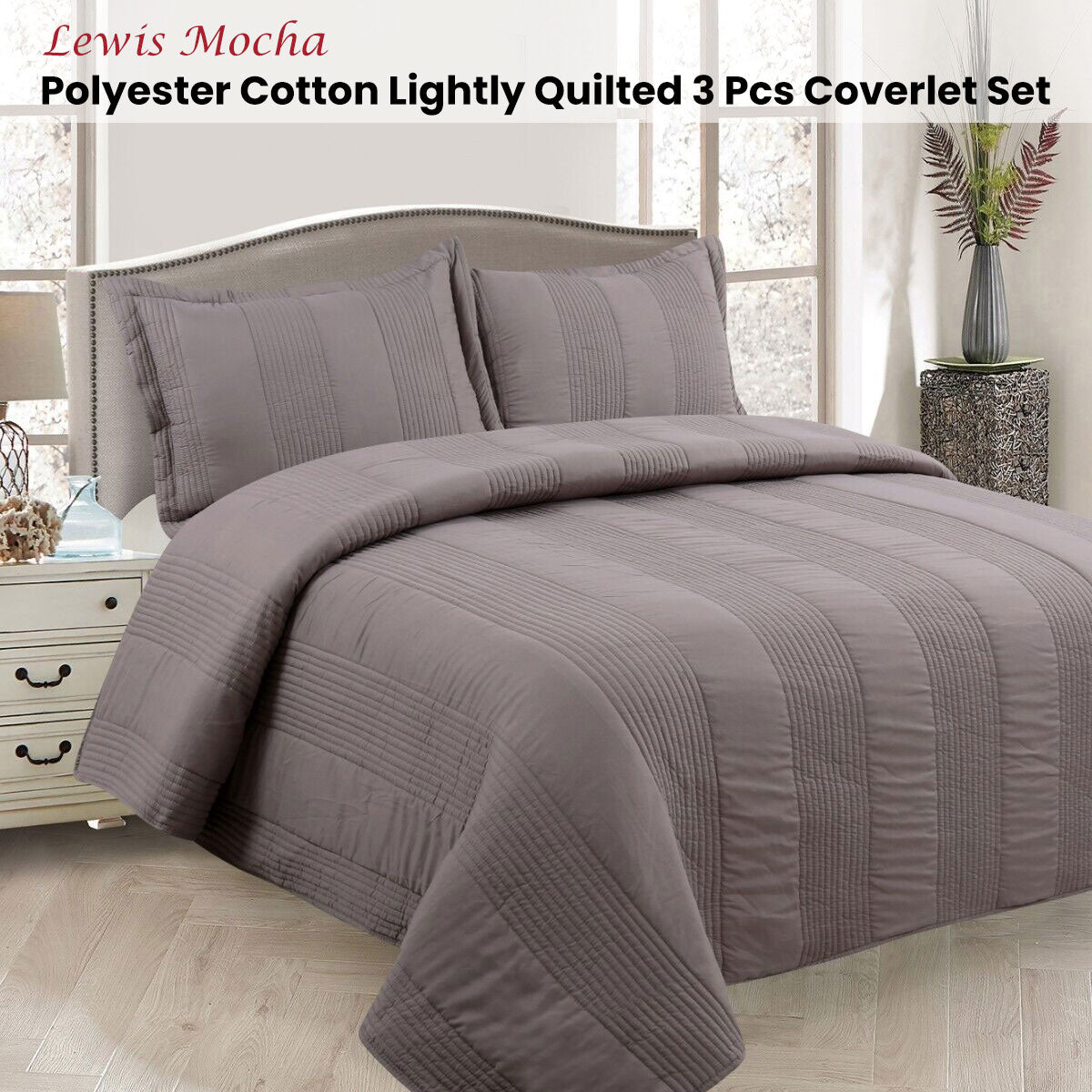 Lewis Mocha 3 Pce Lightly Quilted Coverlet Set Queen - Polyester Cotton, Machine Washable - SuperSaverAU - view 2