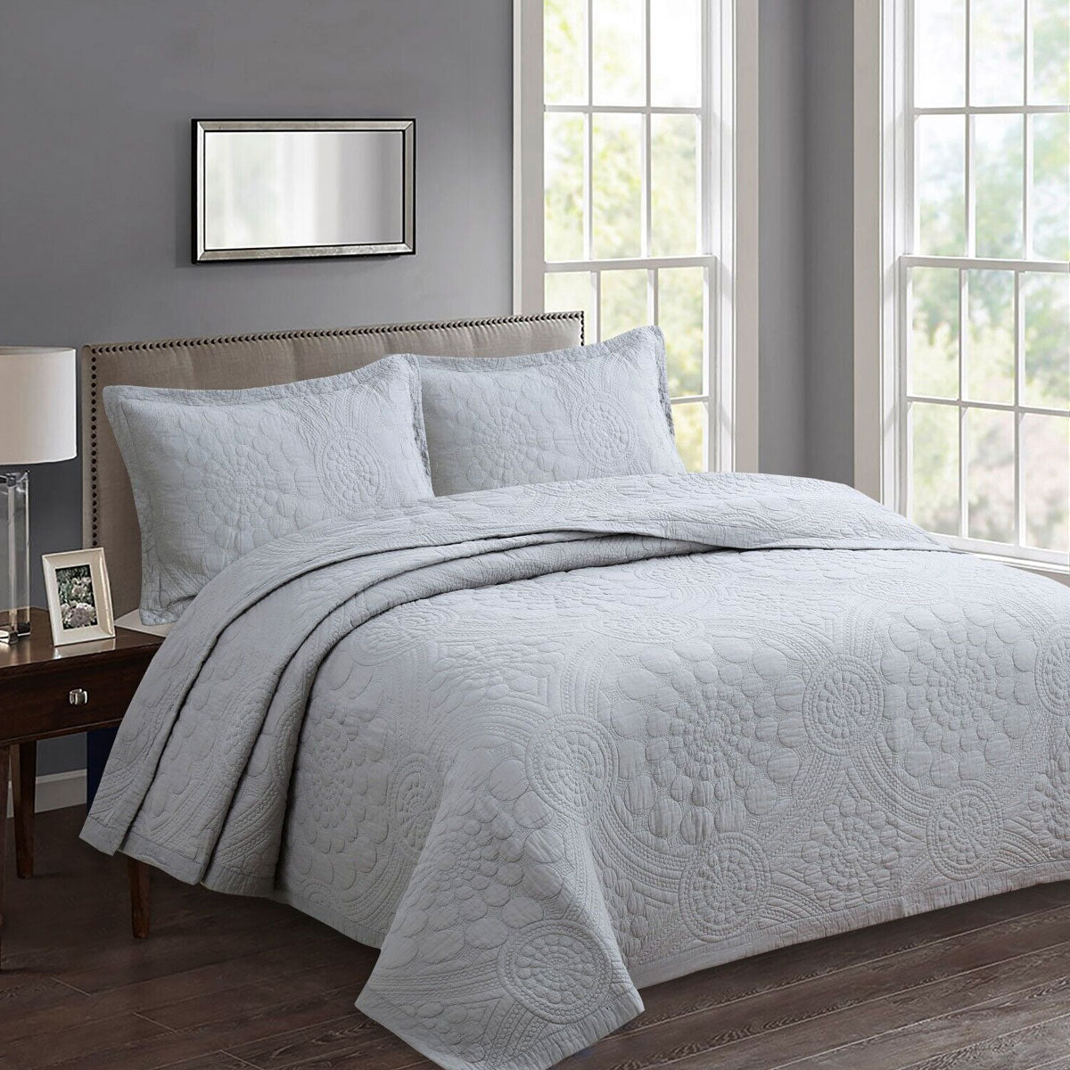 Premium Unity Cotton Lightly Quilted Coverlet Set - Silver, Queen