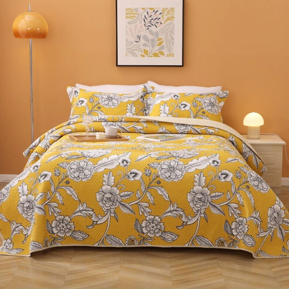 Premium Vibrante Cotton Coverlet Set – Yellow Queen, Floral Quilting