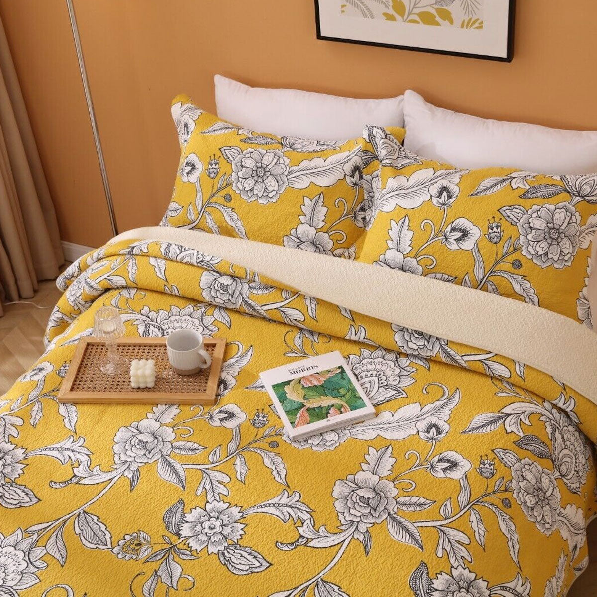 Premium Vibrante Cotton Coverlet Set – Yellow Queen, Floral Quilting