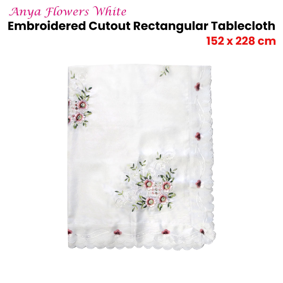 Premium Anya Flowers Embroidered Cutout Tablecloth - White, 152 x 228cm
