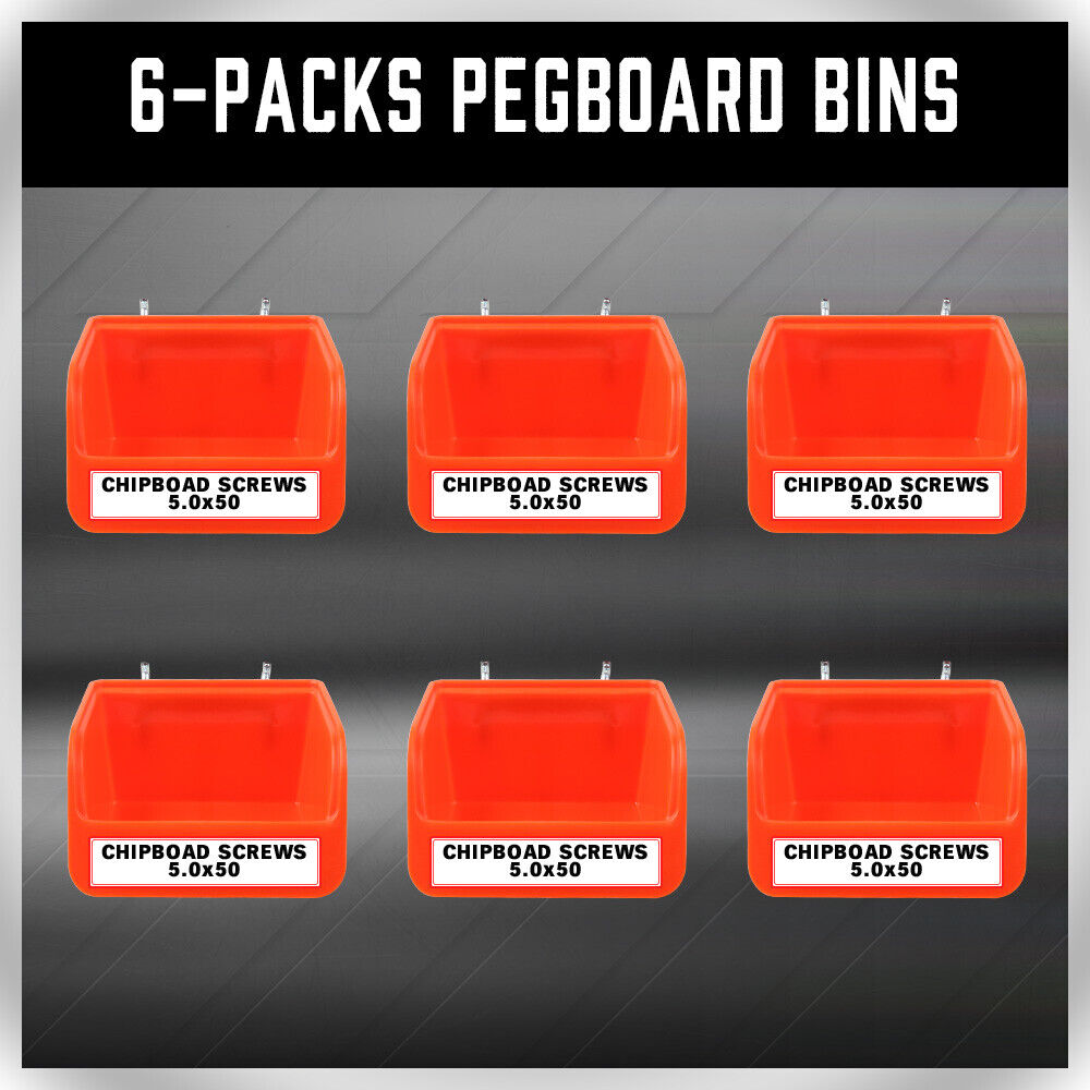 Premium 6 Pack Pegboard Storage Bins with Steel Hooks