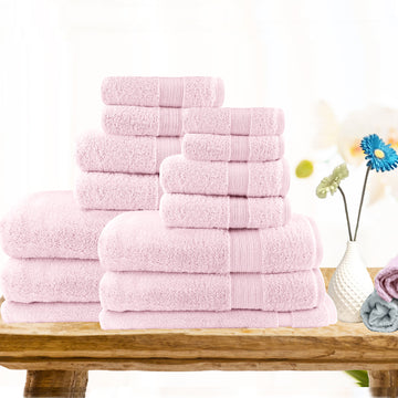 Baby Pink 14PC Lightweight Soft Cotton Bath Towel Set - 500gsm, Quick Drying - SuperSaverAU - view 1
